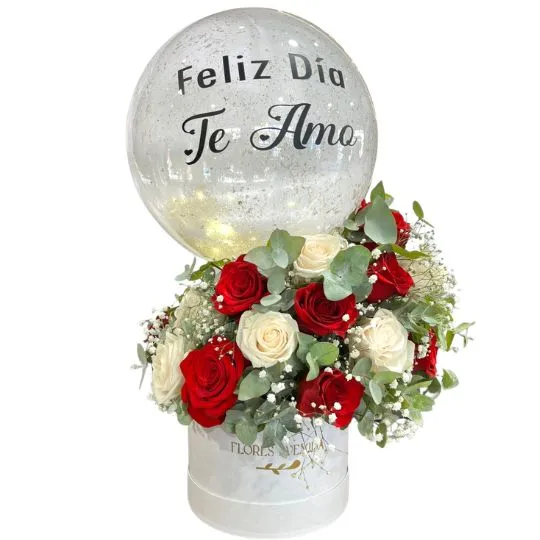 caja pote white con rosas rojas y blancas globo burbuja te amo 